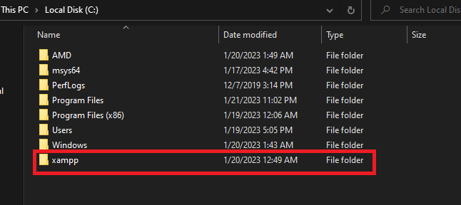 The necessary directory of XAMPP in C Drive