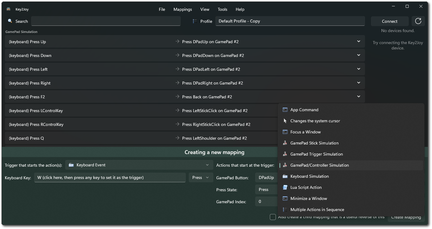 Screenshot showing the application window with the mapping action combobox showing all available actions.