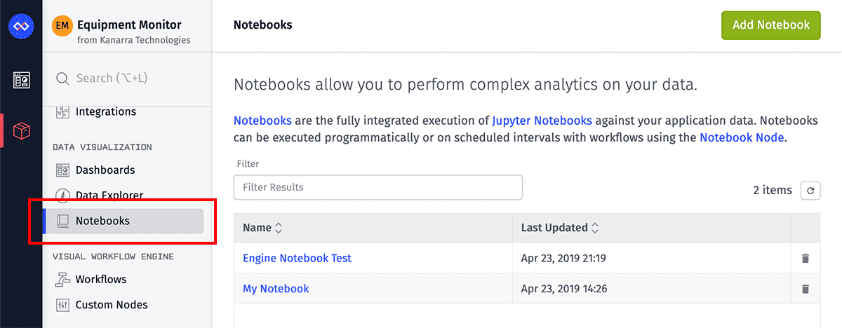 Screenshot of Losant Platform showing Notebook in the left navigation
