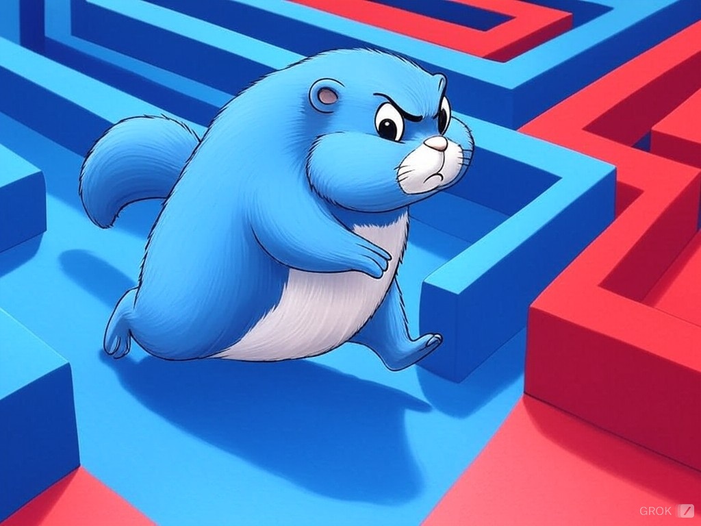 errpath logo: golang gopher determinedly walking through a blue and red maze