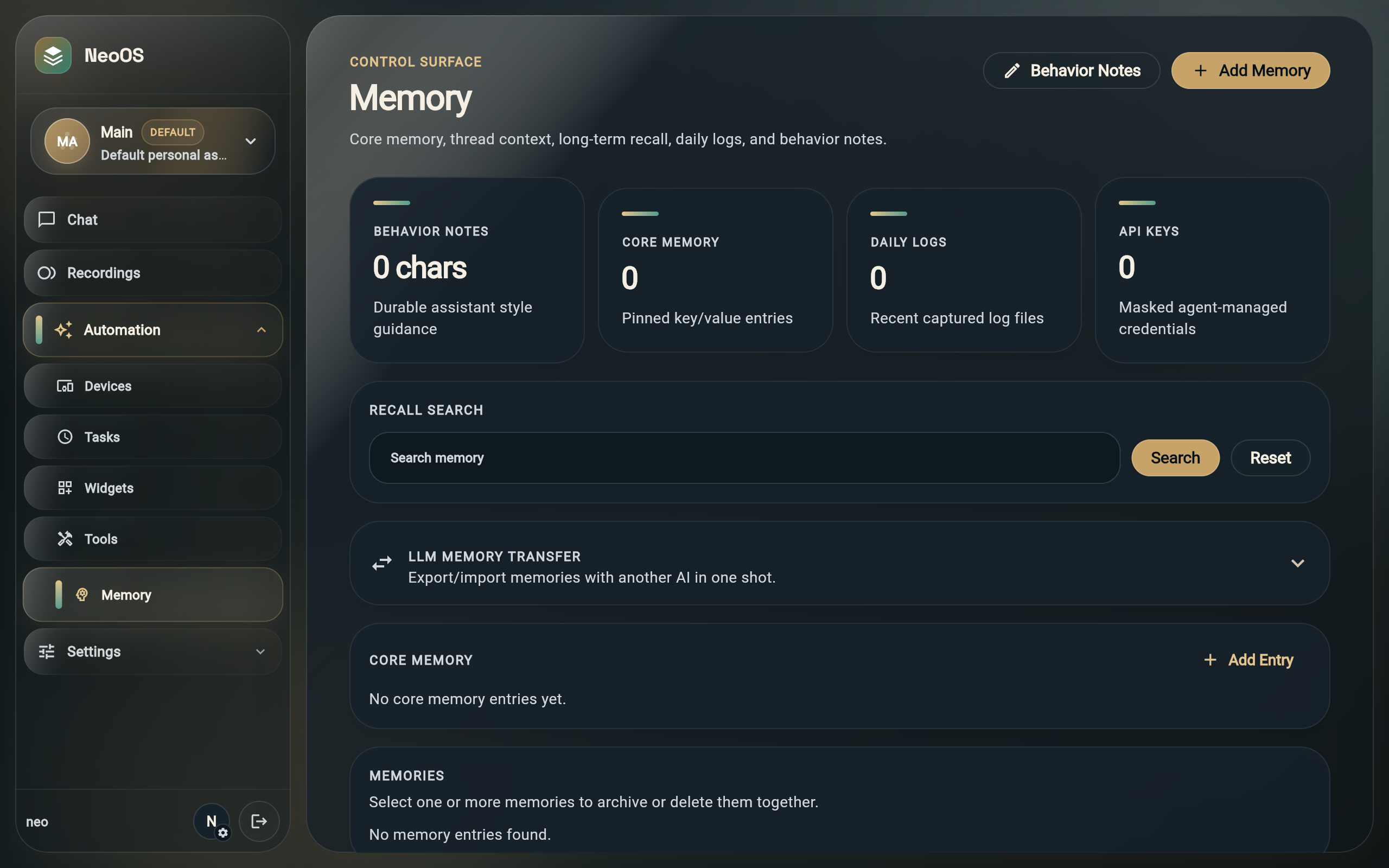 NeoAgent memory view