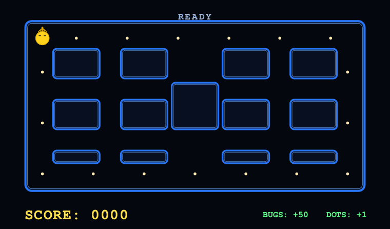 Animated Pac-Man-style maze where my profile character eats bugs and the score increases logically