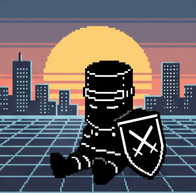 WarBit sitting in front of a sunset over the city
