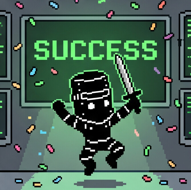 WarBit celebrating in front of a 'SUCCESS' screen