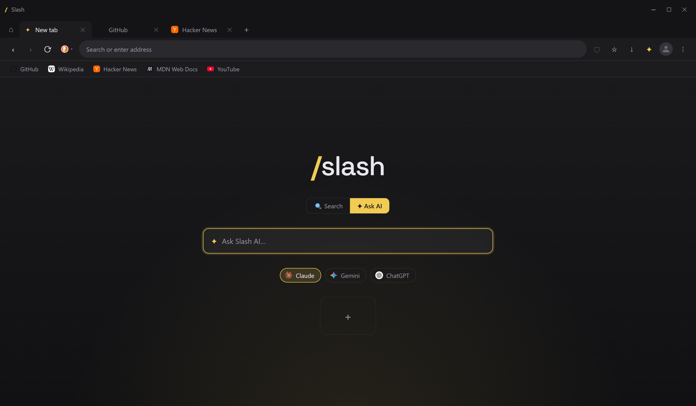 Slash start page in Ask AI mode, choosing between Claude, Gemini, and ChatGPT