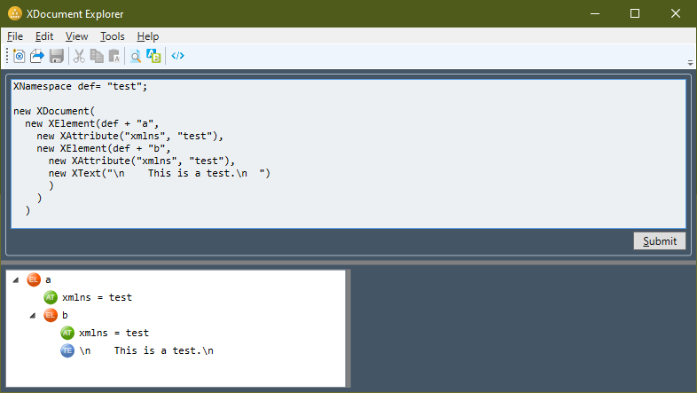 Main window with LINQ to XML content