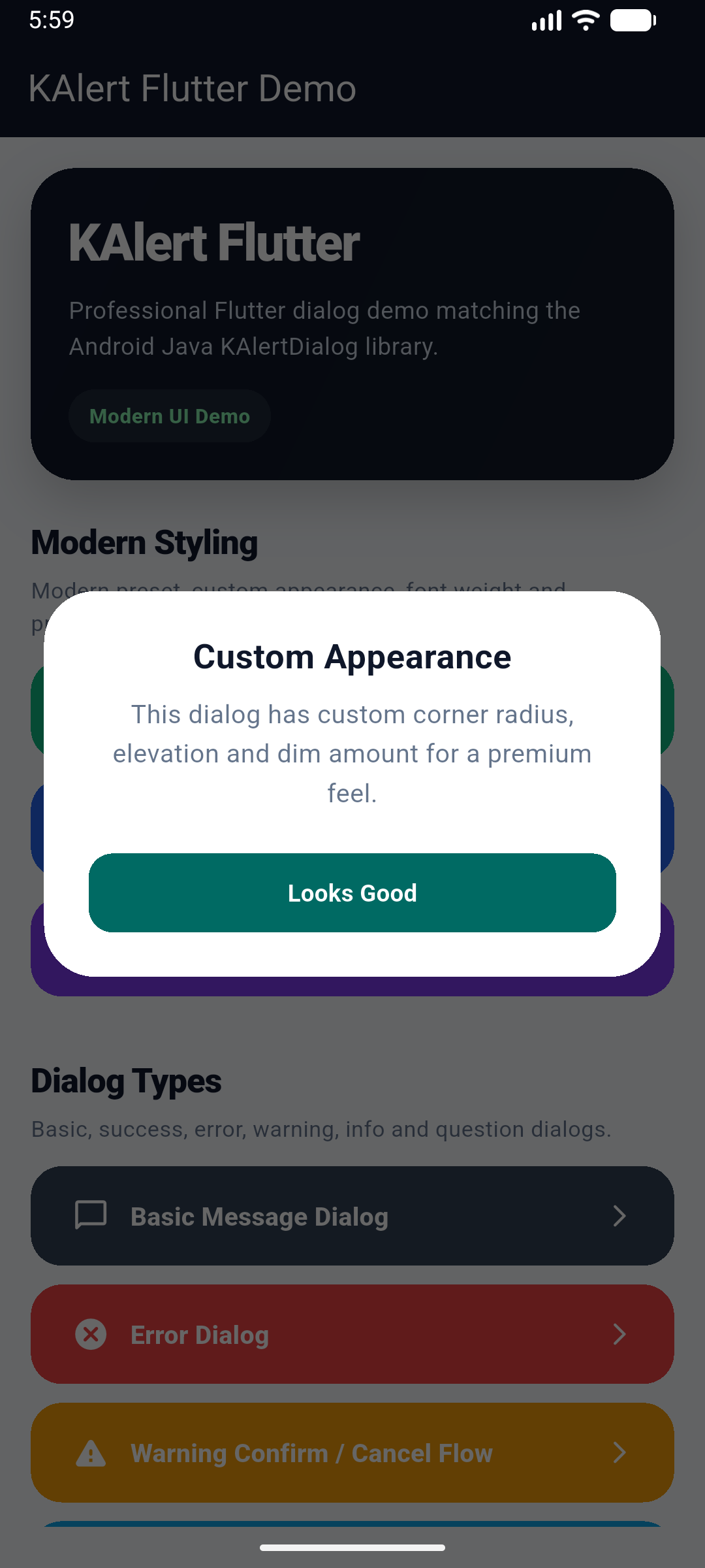 KAlert Flutter Dialog Custom Radius, Elevation and Dim