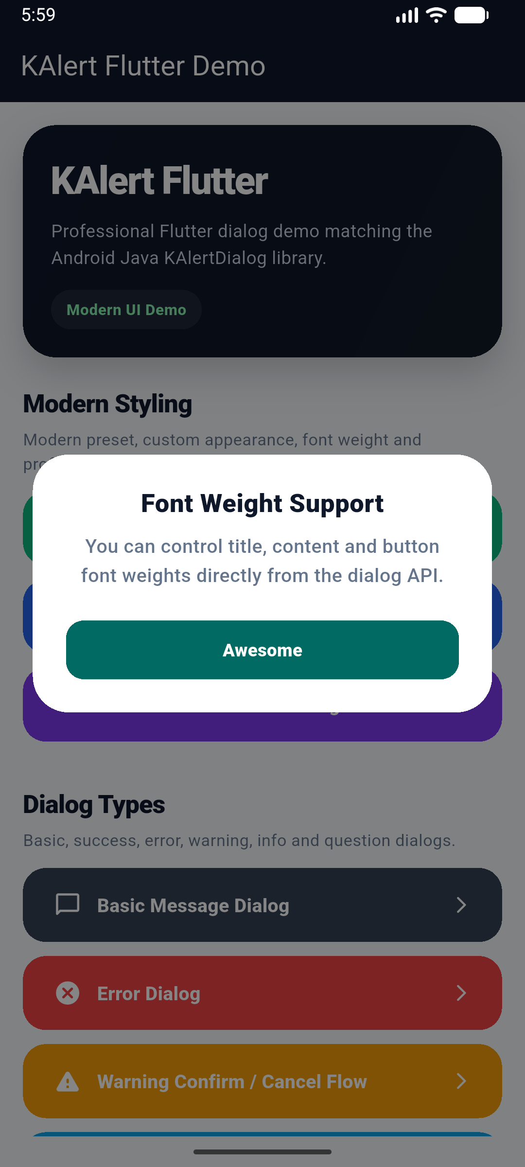 KAlert Flutter Dialog Title and Content Font Weight