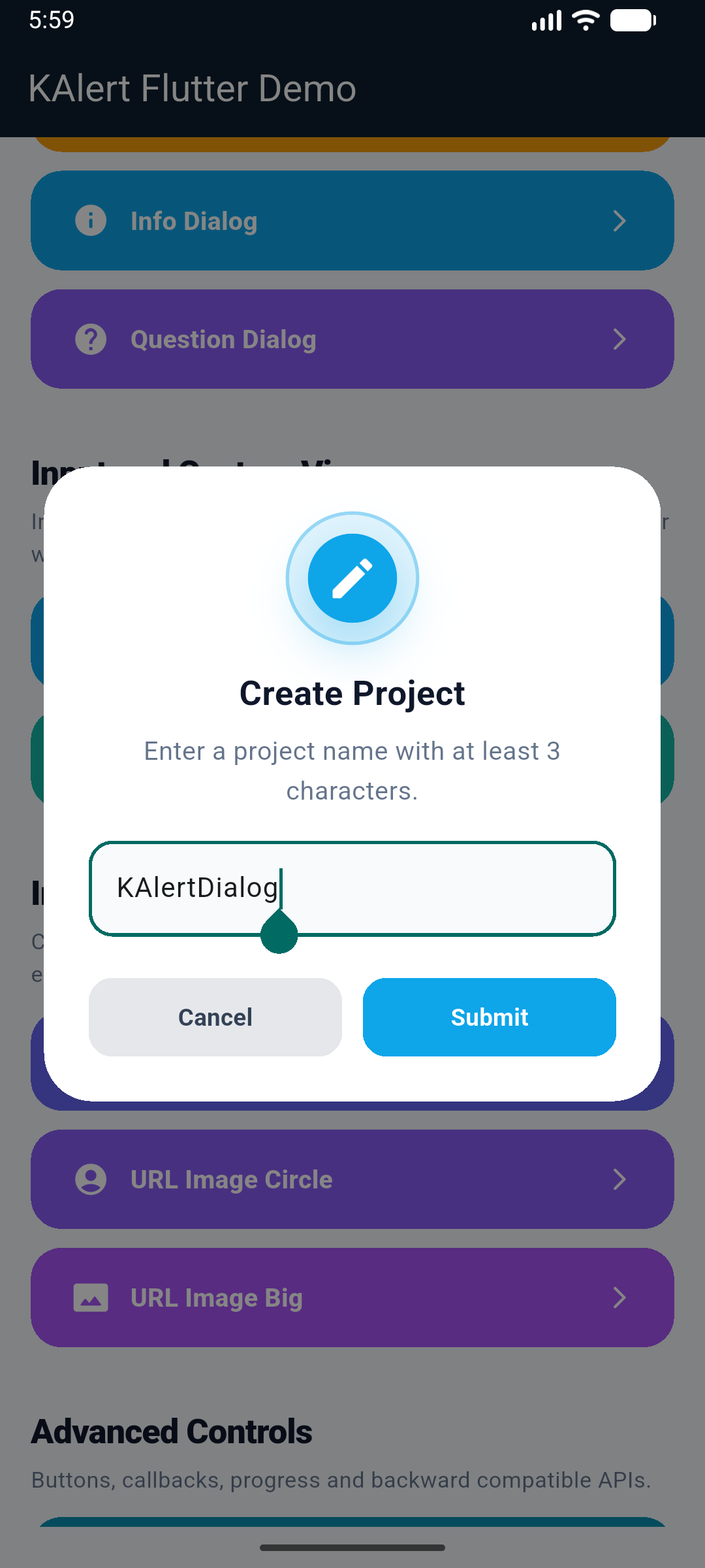 KAlert Flutter Dialog Input Validation Dialog