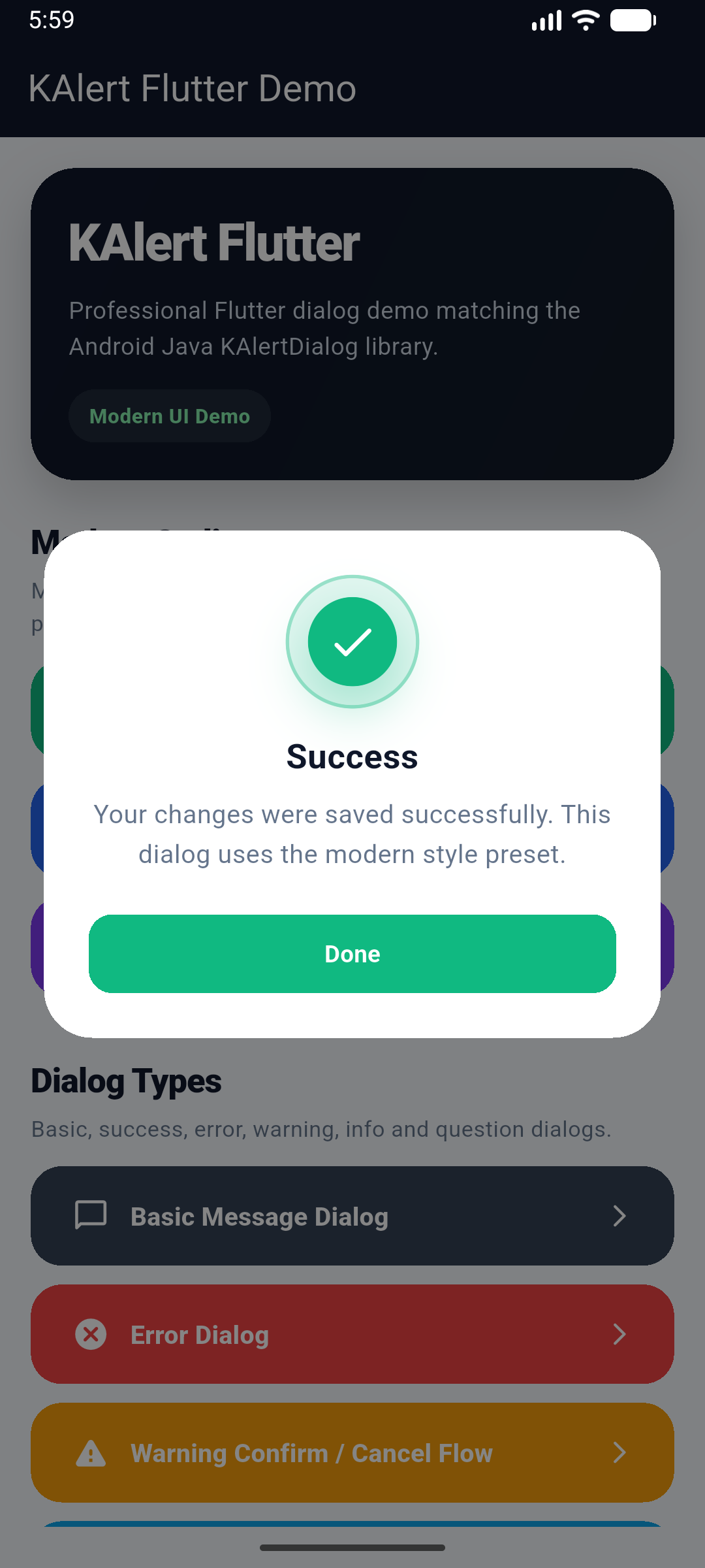 KAlert Flutter Dialog Modern Success Dialog