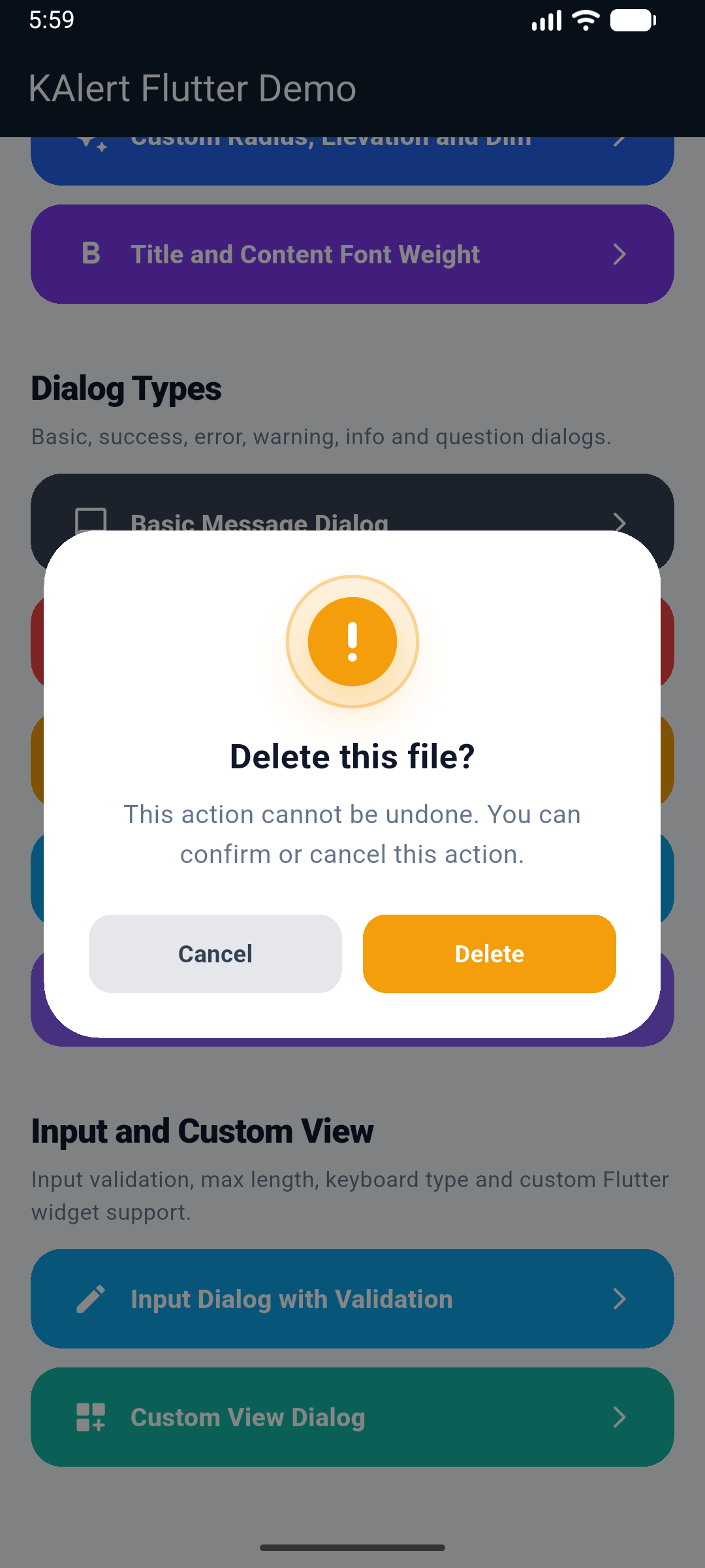 KAlert Flutter Dialog Warning Confirm / Cancel Flow