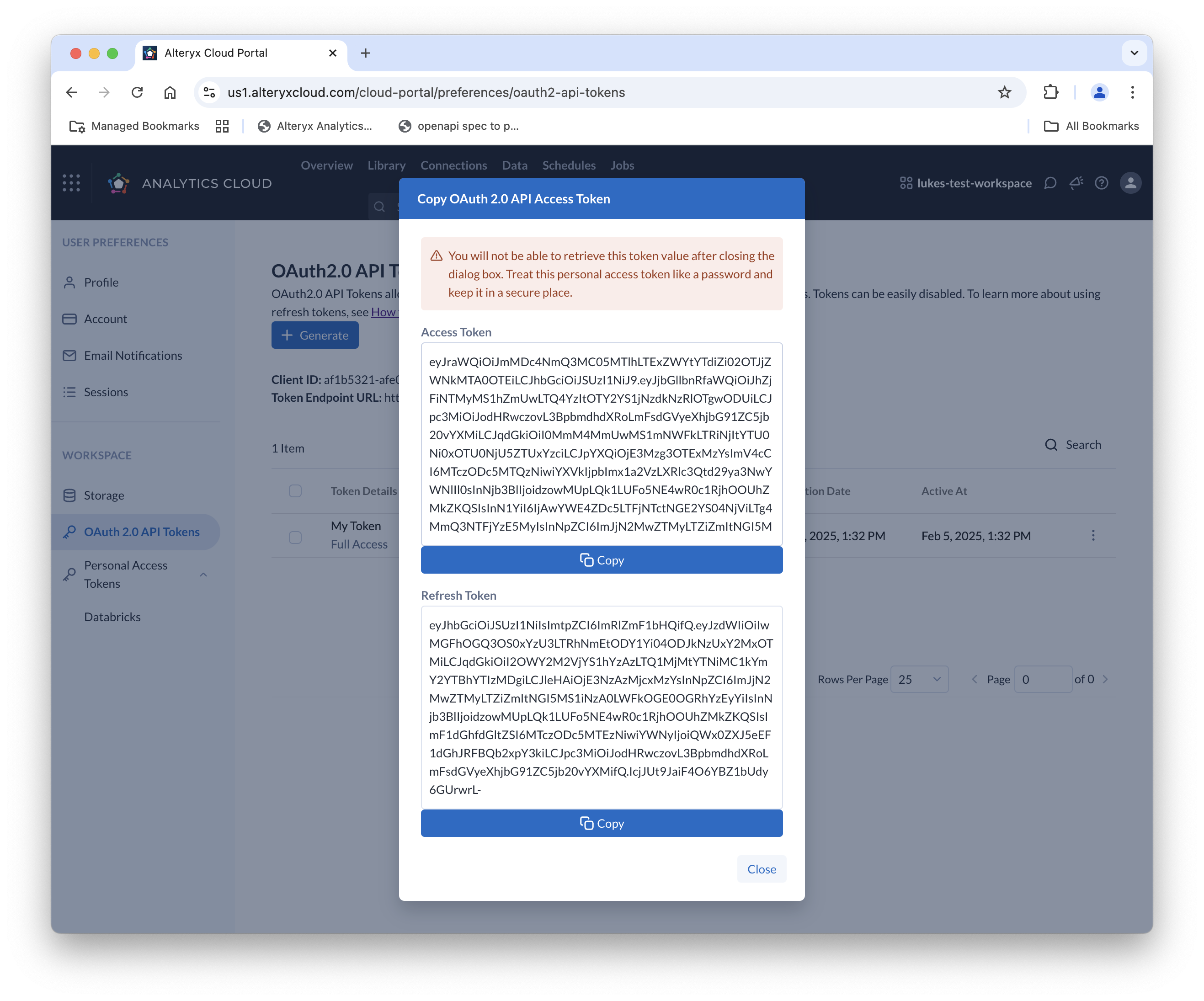 Example of access and refresh token dialogs