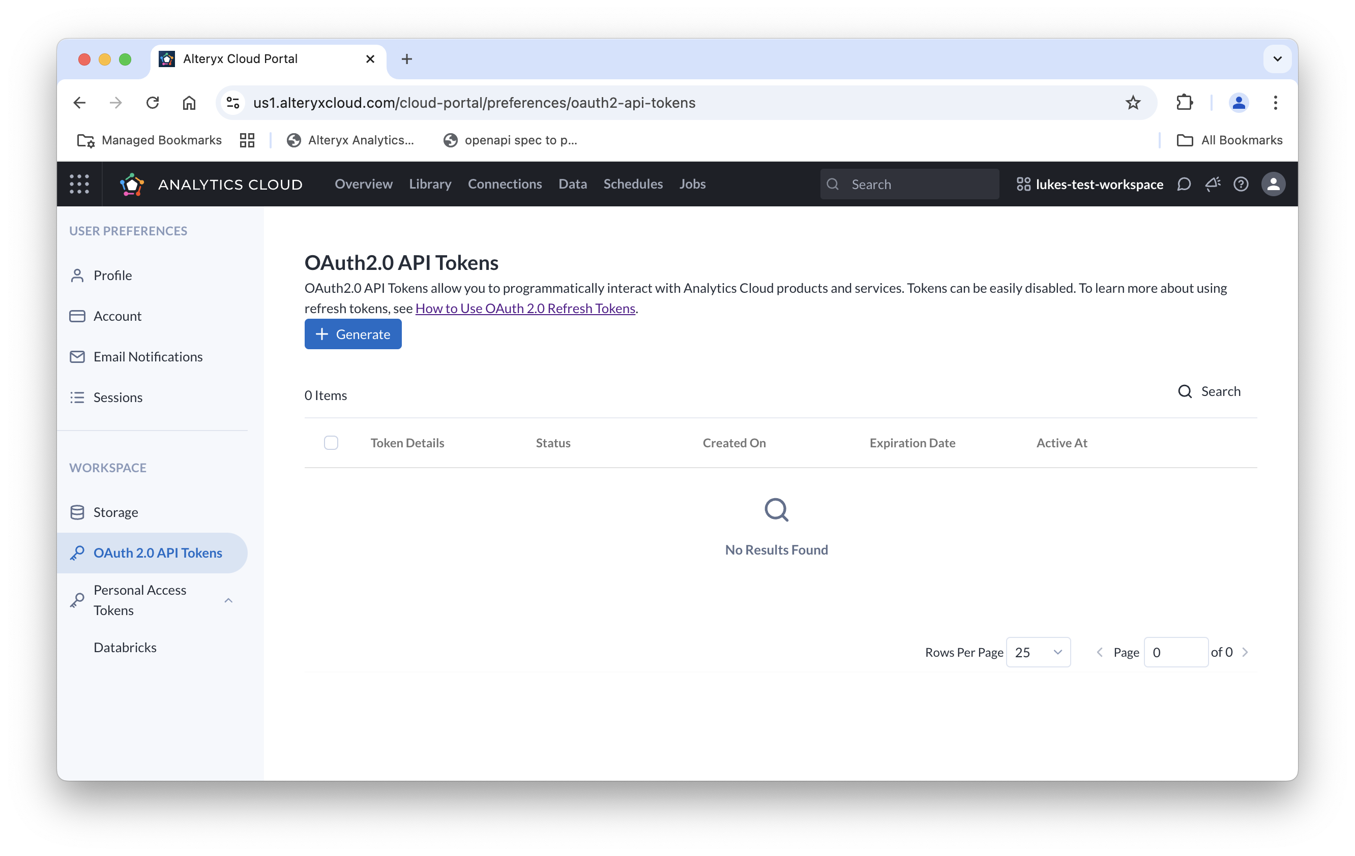 The OAuth 2 Tokens Page