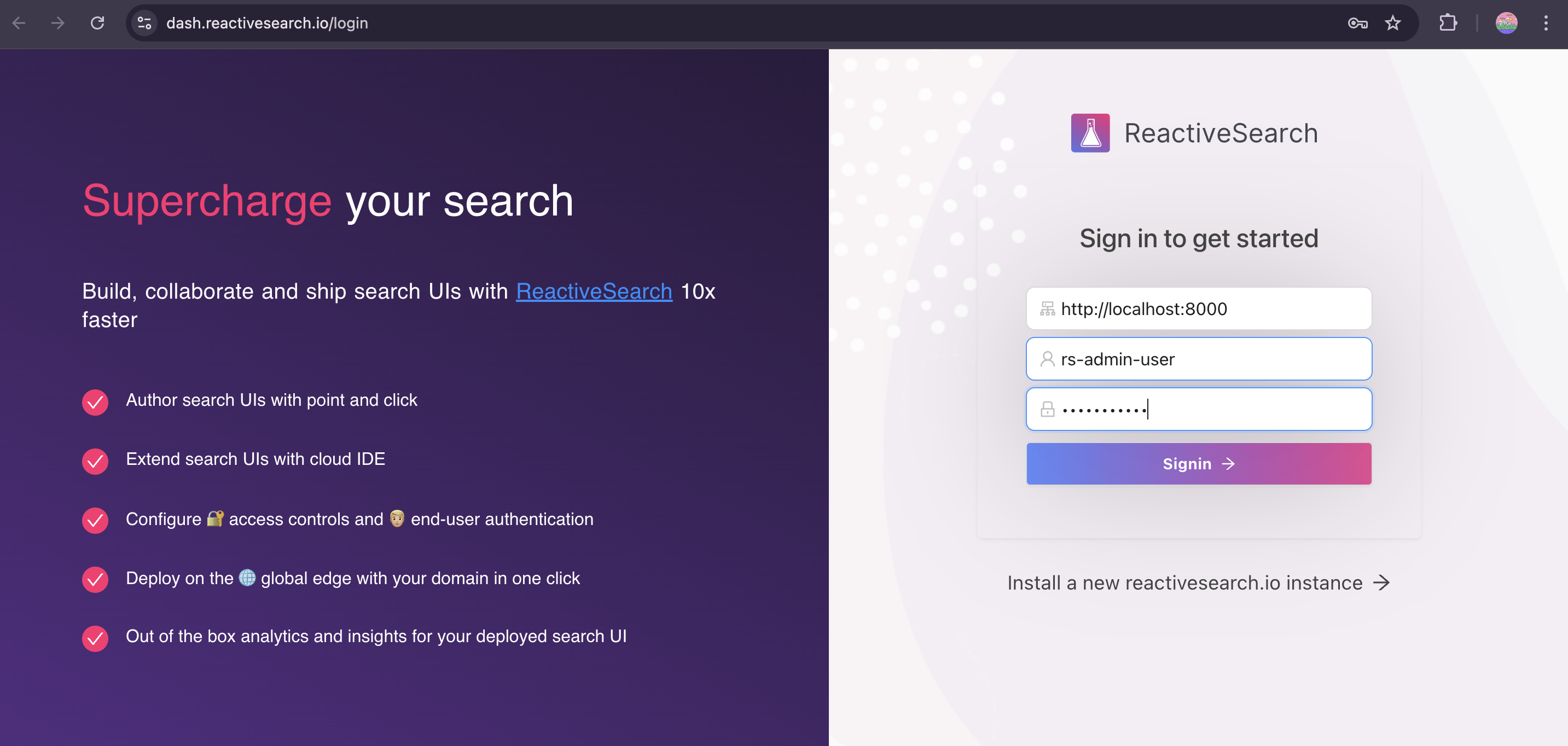 ReactiveSearch Dashboard β Sign in