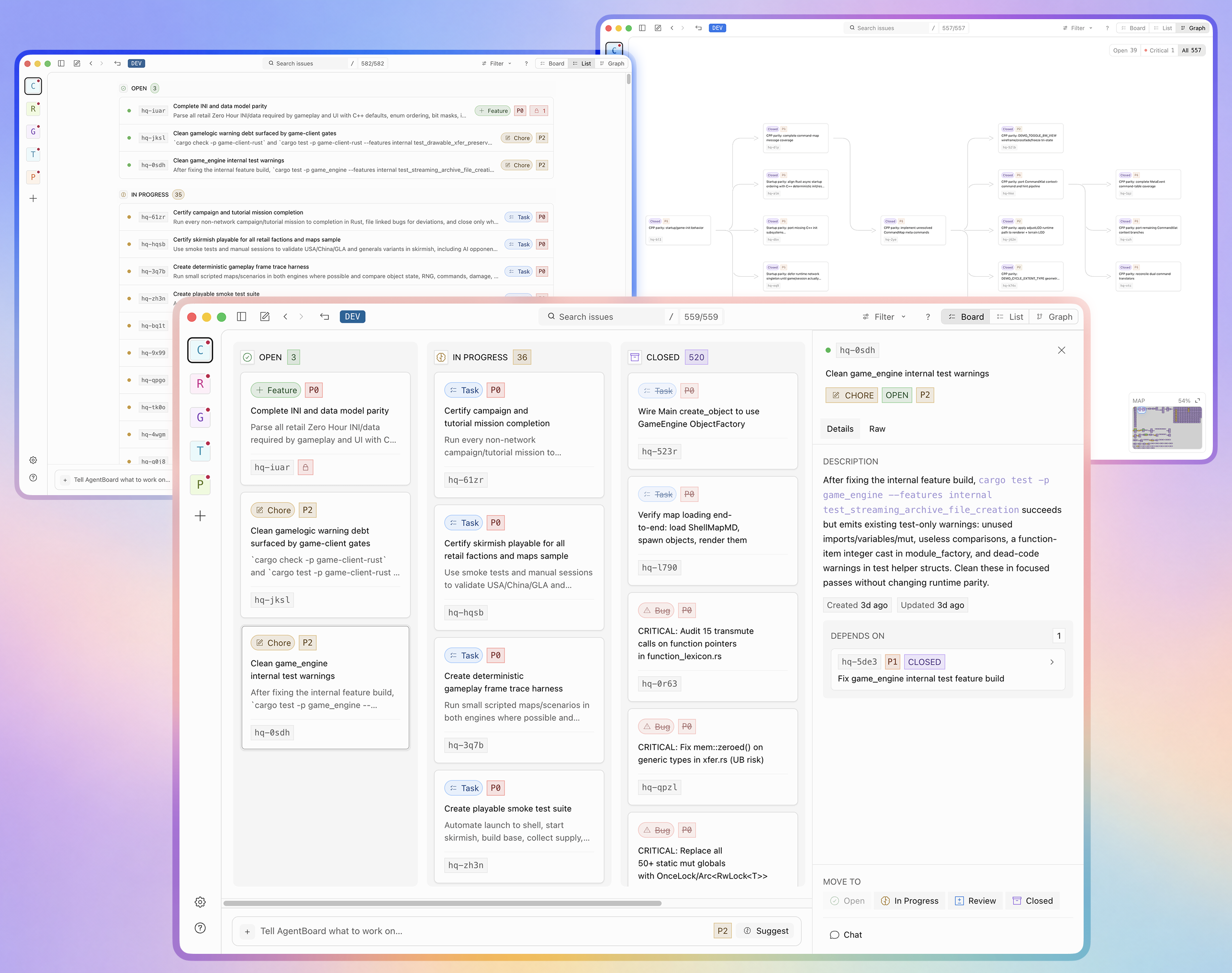 AgentBoard — Board, List, and Graph views (light mode)