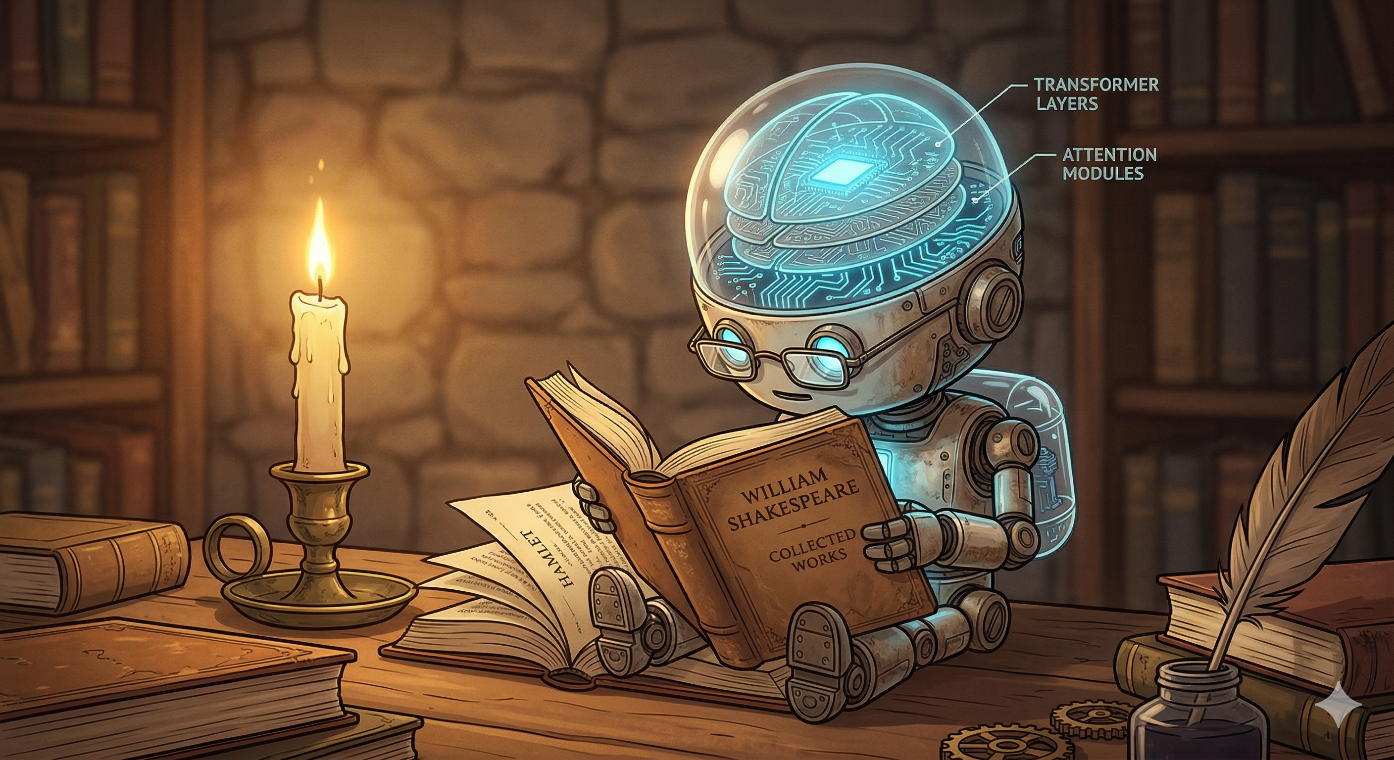 A tiny robot reading Shakespeare by candlelight, with transformer layers glowing inside its transparent head