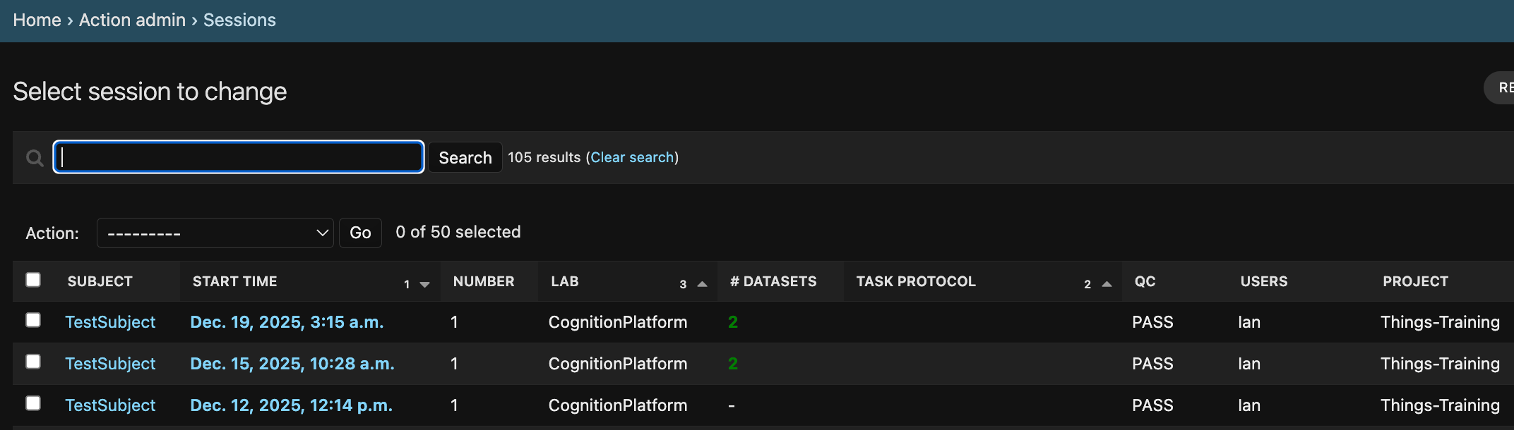 Alyx Web GUI Showing experimental sessions