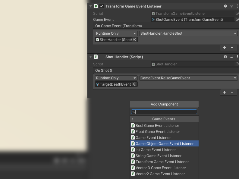 Example of a setup Game Event Listener component