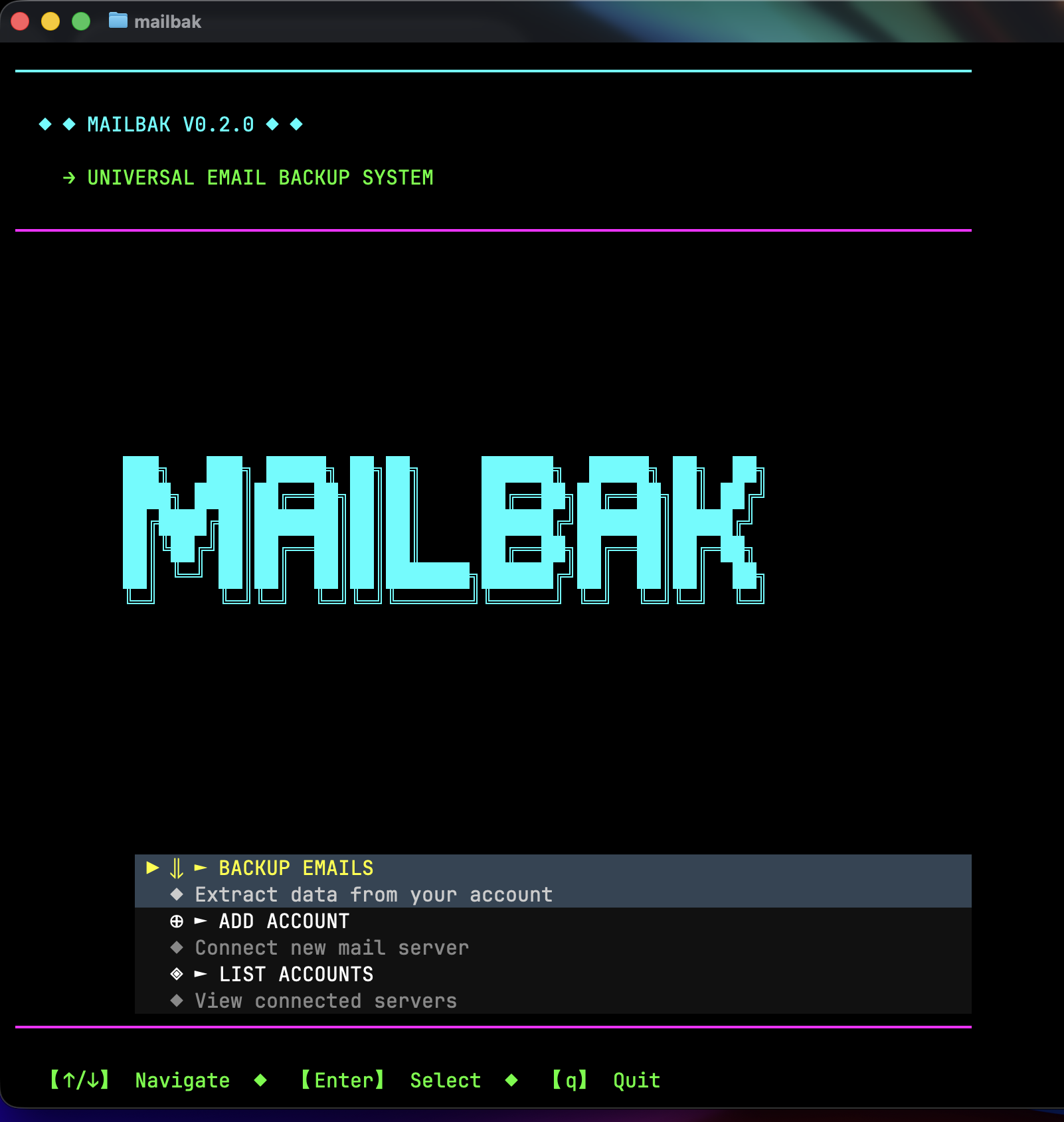 mailbak TUI - Main Menu