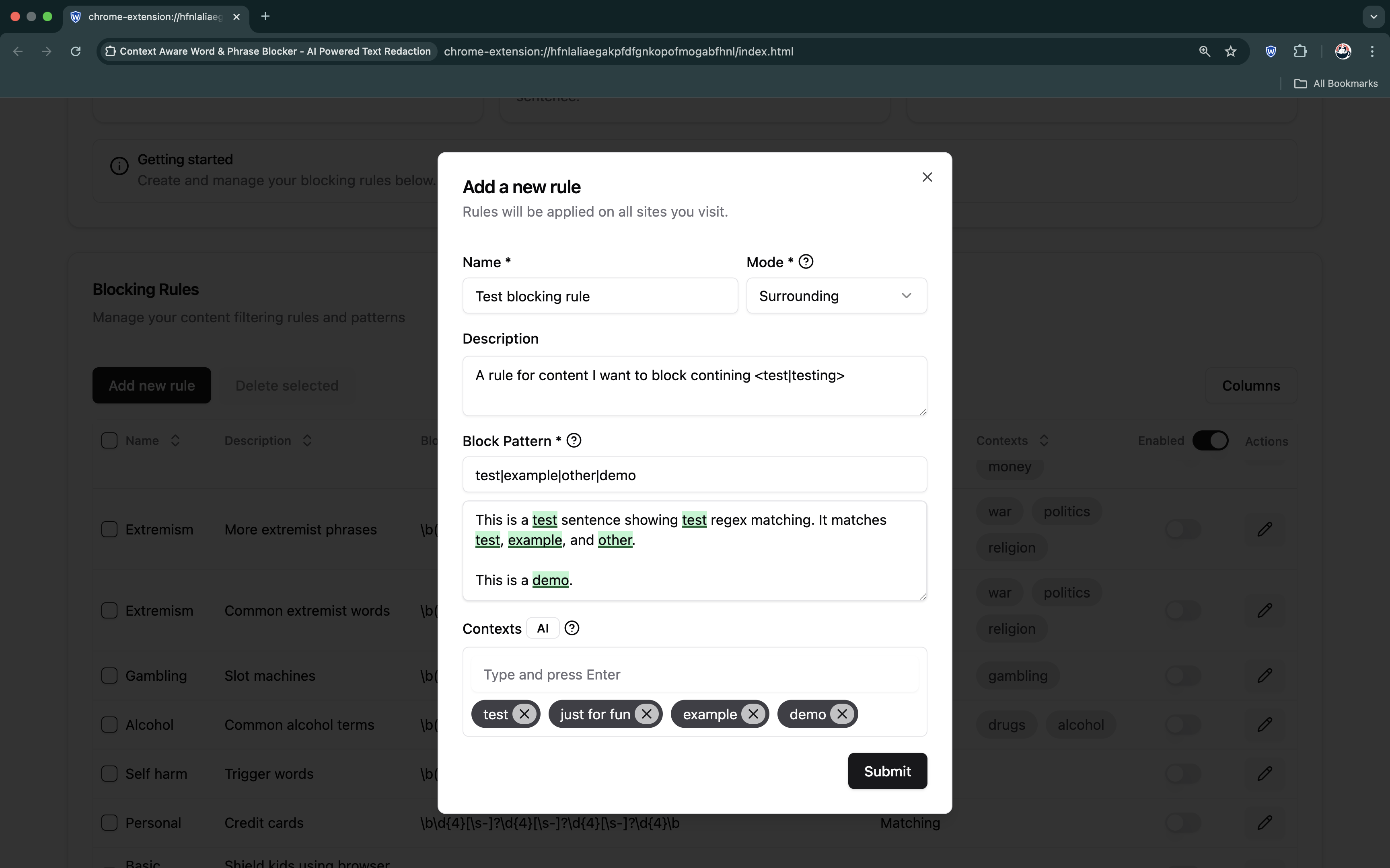 Screenshot of extension blocking gambling content