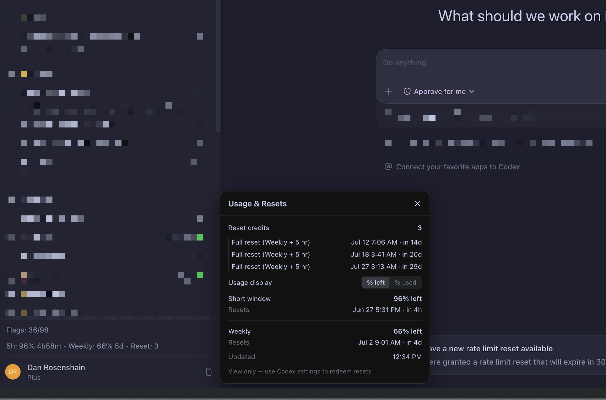 Usage & resets in the sidebar