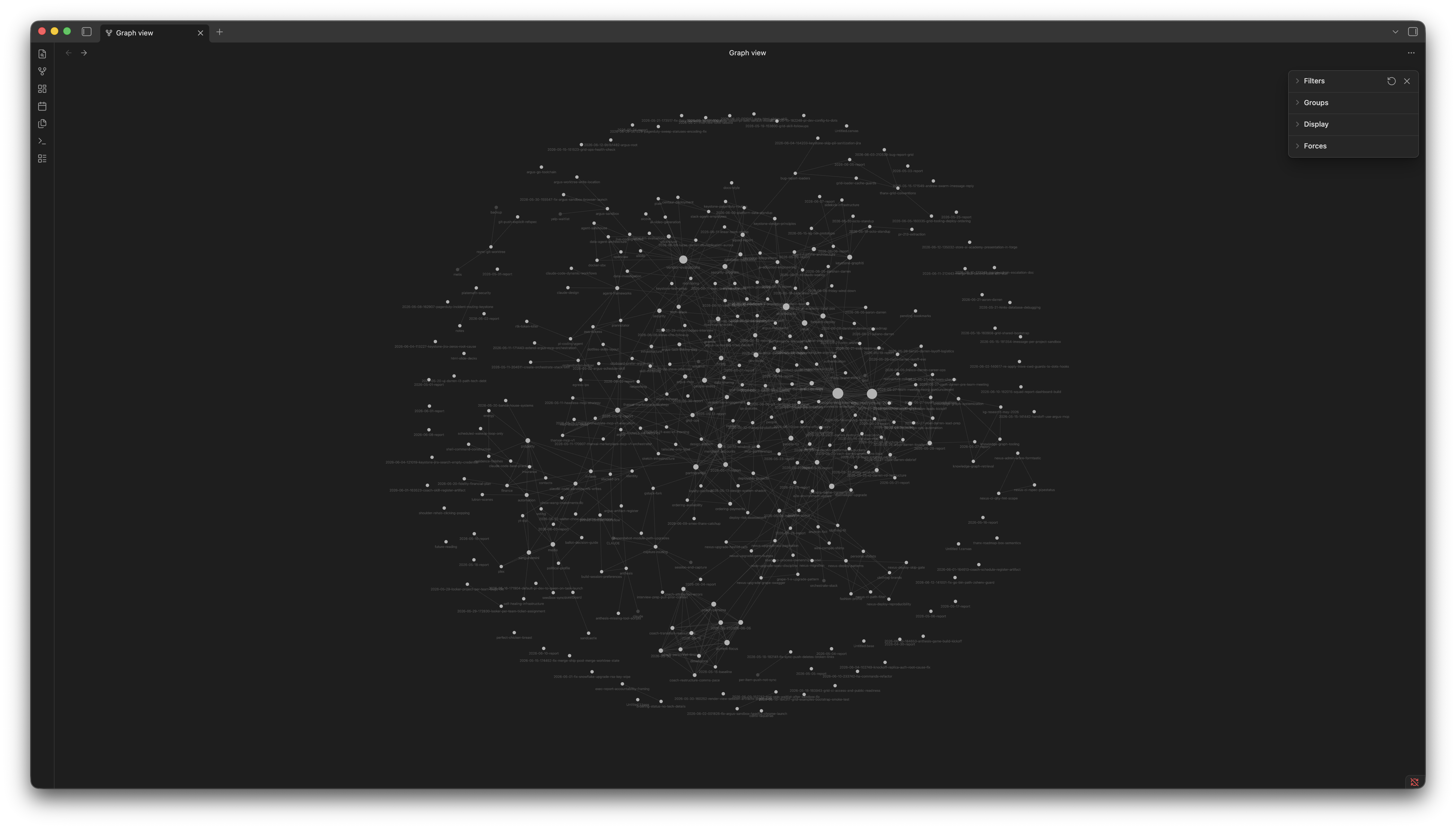 Obsidian graph view of the indexed vault — session captures, handoffs, and reports linked into a knowledge graph