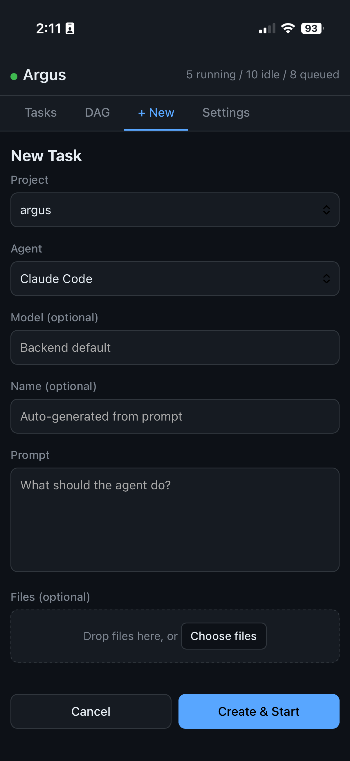 PWA New Task form with project, agent, model, prompt, and file drop