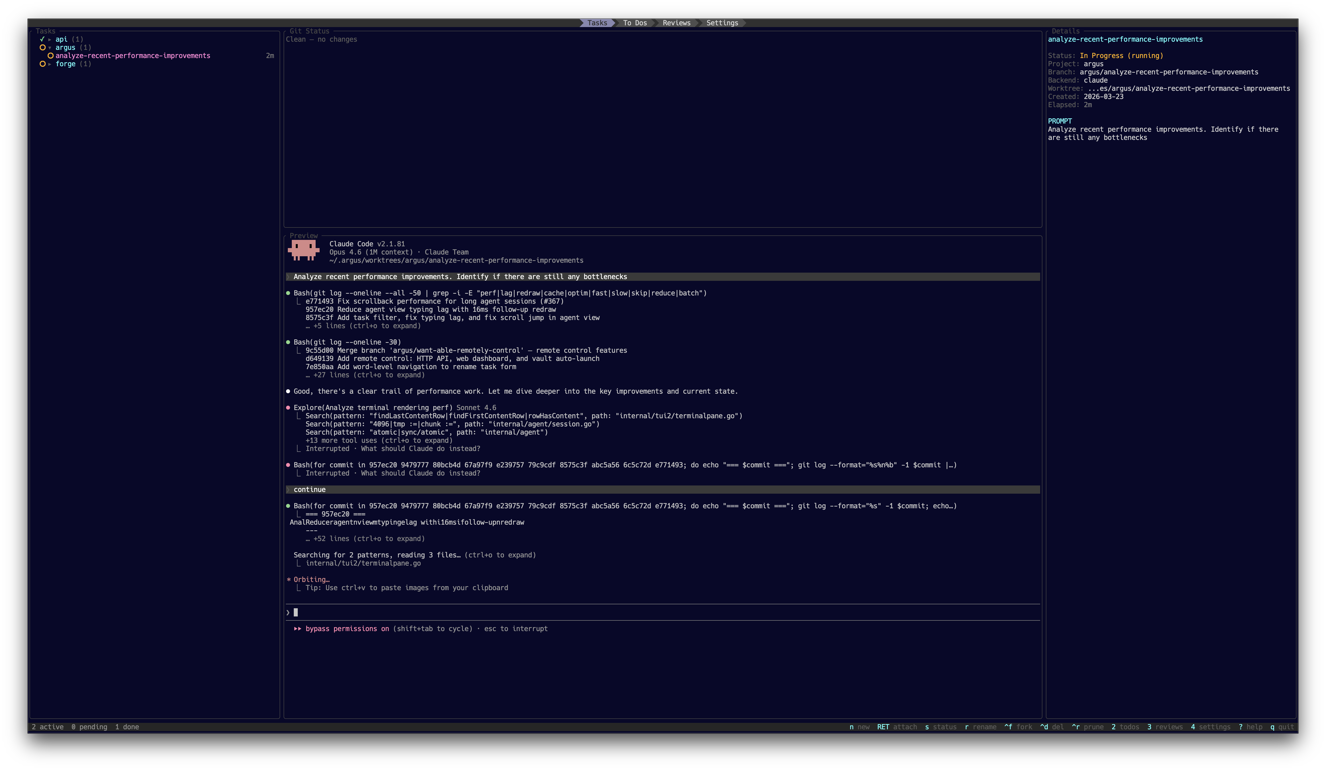 Task list with project folders, live agent preview, and inline git status
