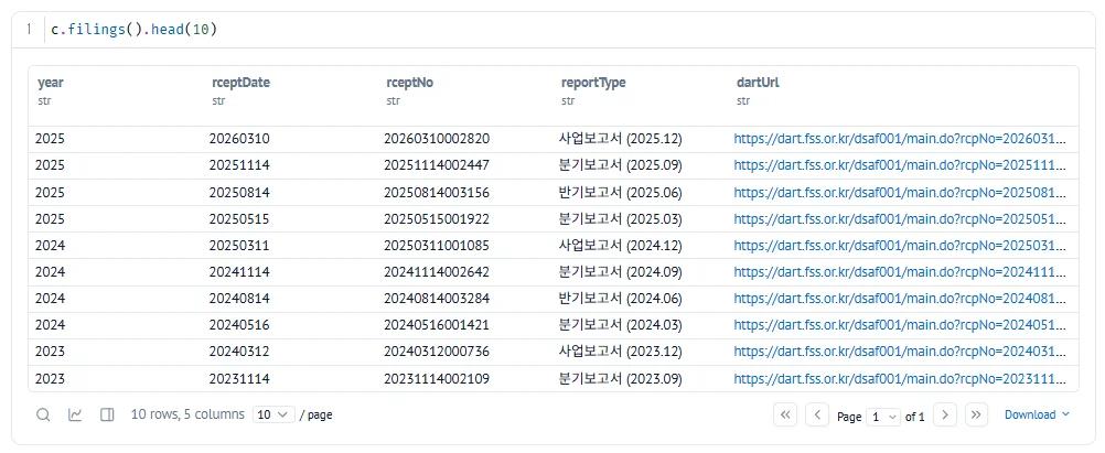 c.filings() — 삼성전자 보고서 목록 + DART 뷰어 링크