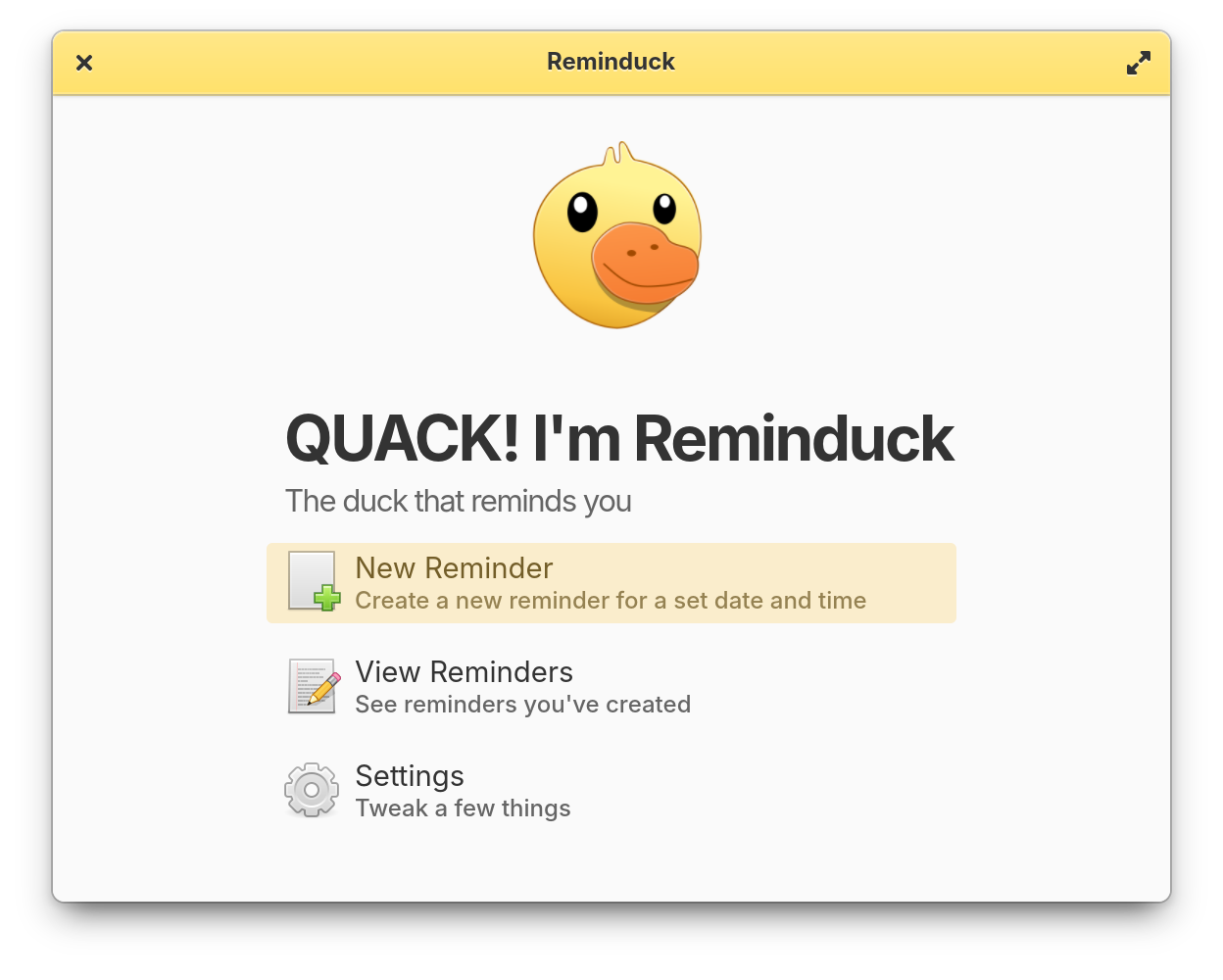 Screenshot of the welcome window
