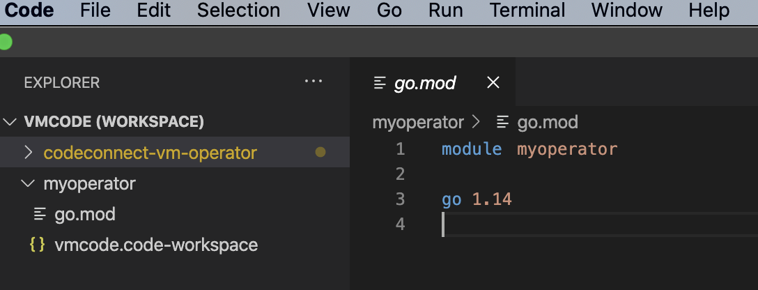 VScode Screenshot with go.mod after
kubebuilder scaffolding. Image