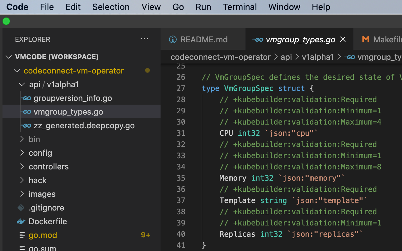 VScode Screenshot with
vmgroup_types.go Image