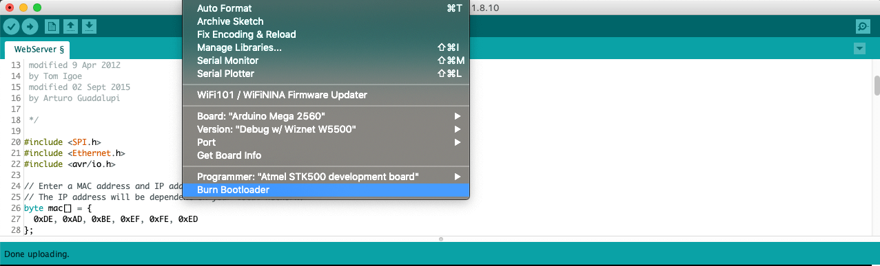 Burn Bootloader Menu Option Image showing the Burn Bootloader menu option