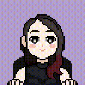 Pixel art drawing of Daniele Araújo typing on a keyboard.