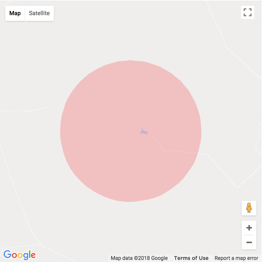 Circle A red slightly transparent circle on a Google Map. The map is centered around an area in Sao Paulo, Brazil and there is a peculiar lake on the map that is shaped like a man.