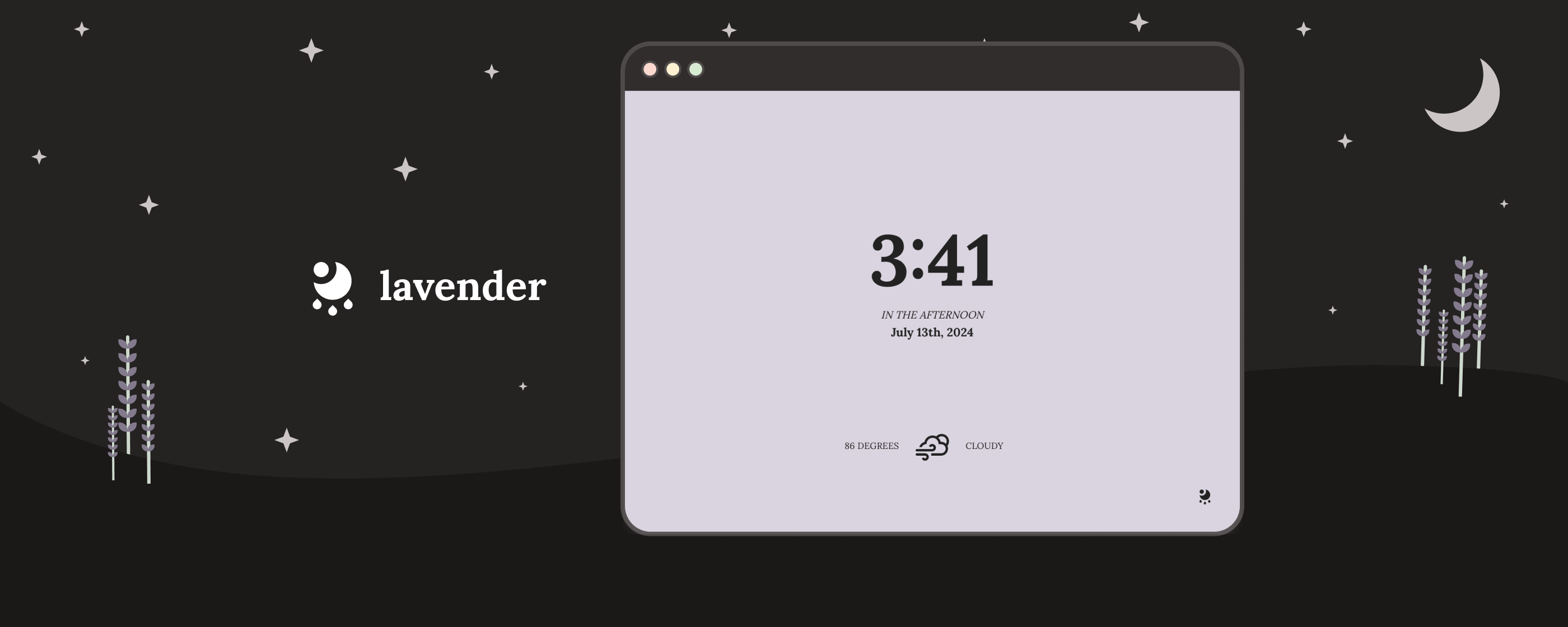 illustration of a starry landscape with a screencap of the lavender app & the lavender logo
