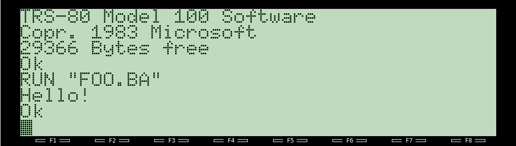 A screenshot of running the FOO.BA program on a Tandy 102 (emulated via Virtual T)