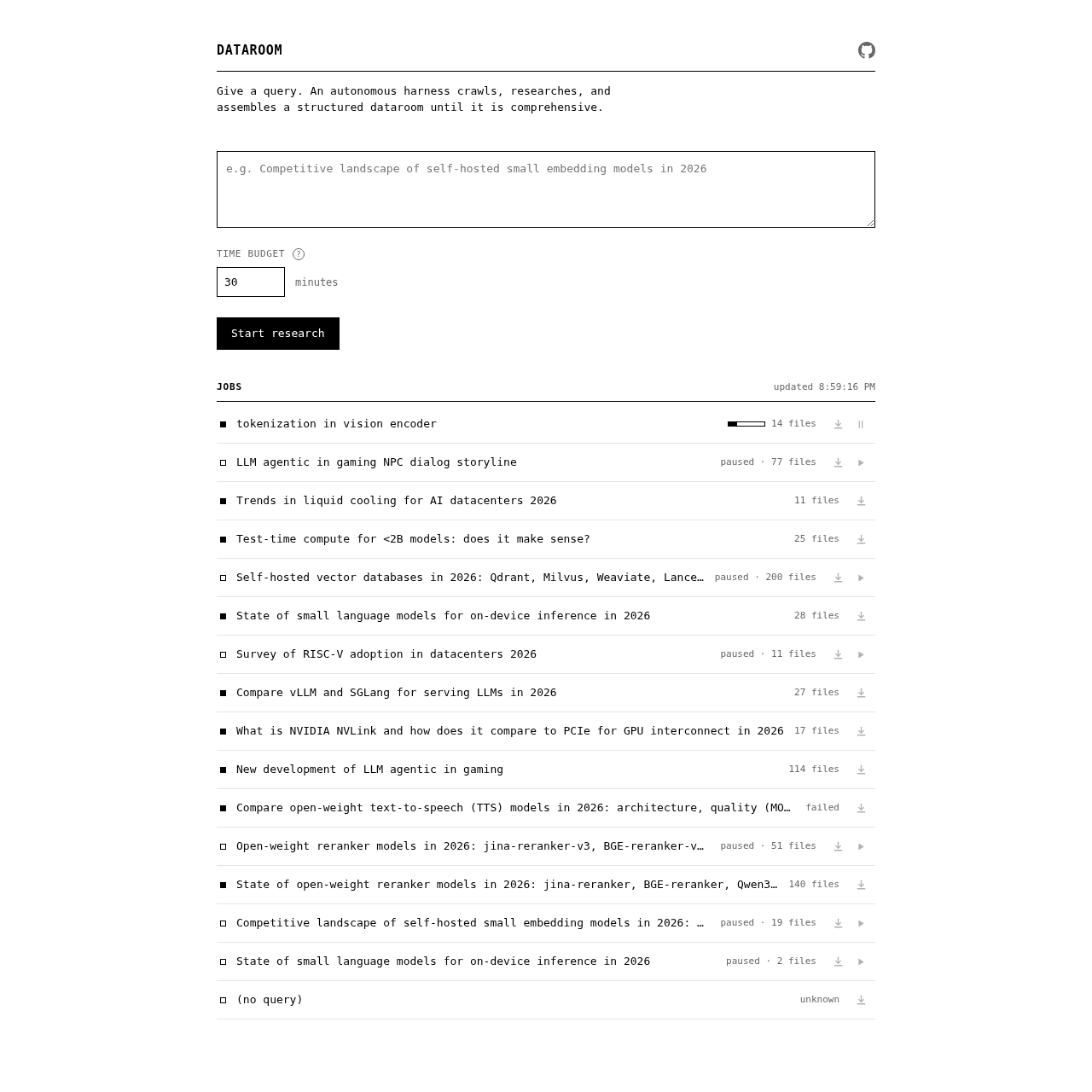 Dataroom homepage: a query box and a live list of jobs with status, file counts, and pause/resume/download controls