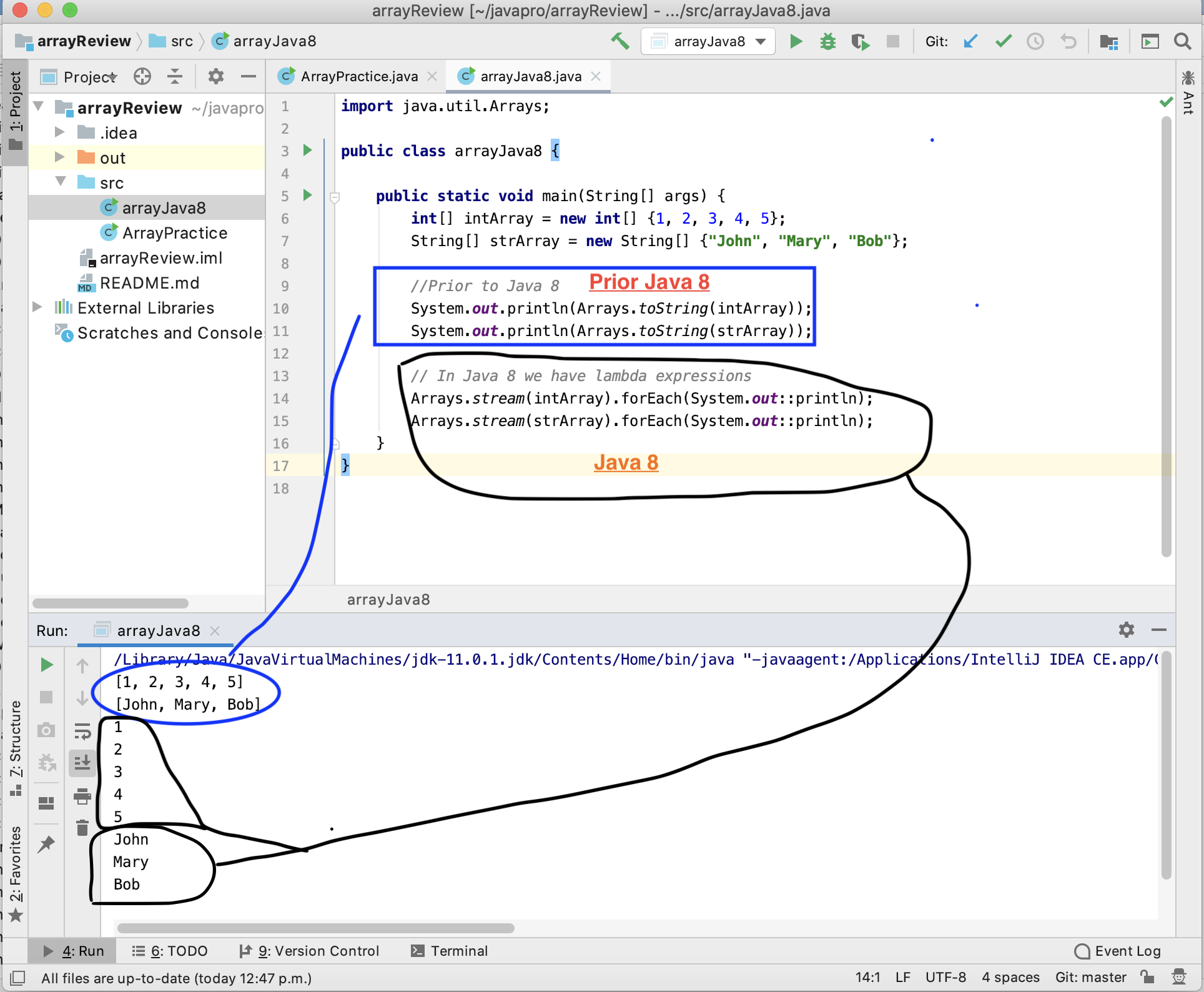 java 8 and prio java 8  array review example
