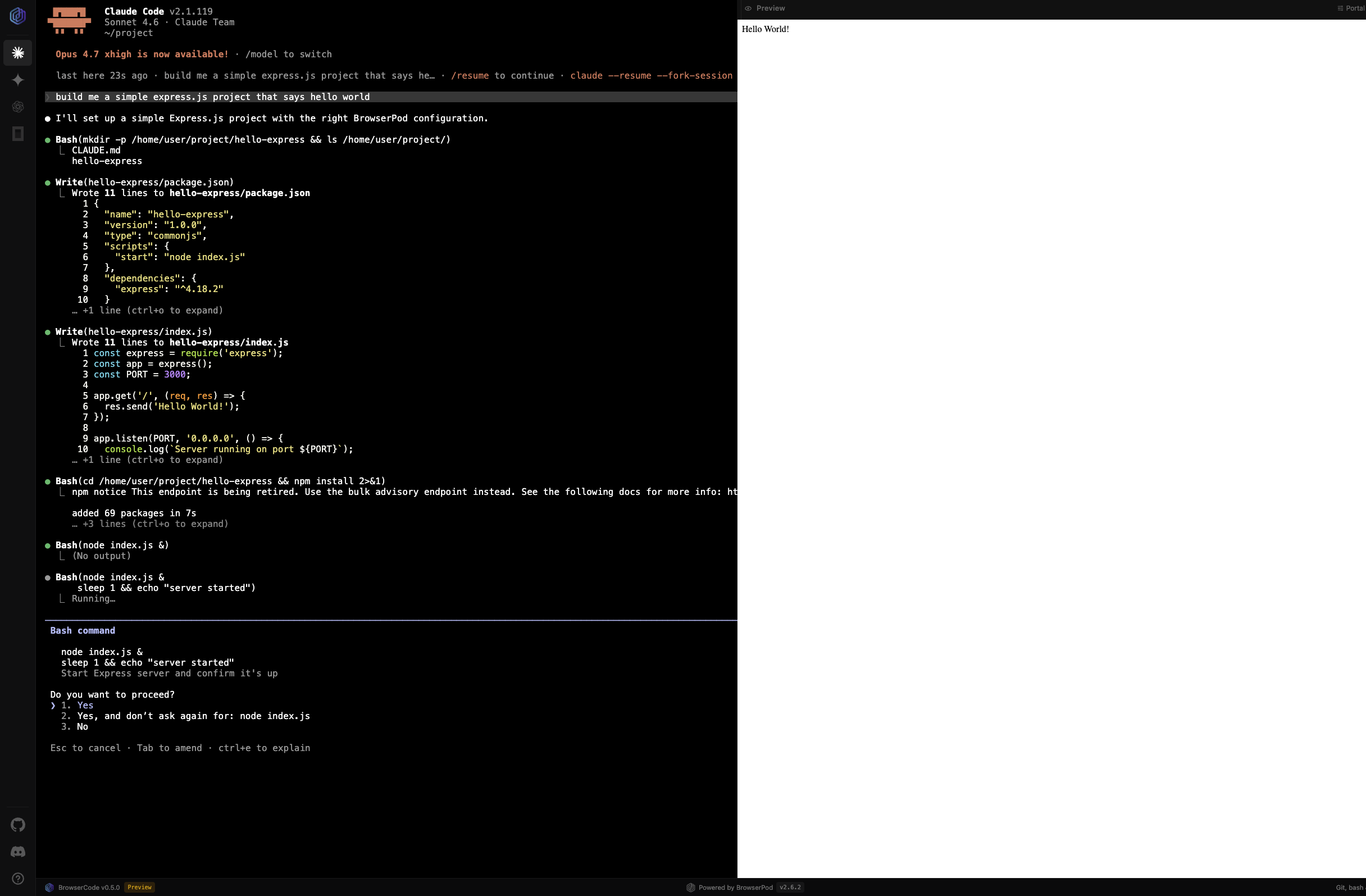 Claude Code running in BrowserCode, scaffolding an Express.js app with a live preview