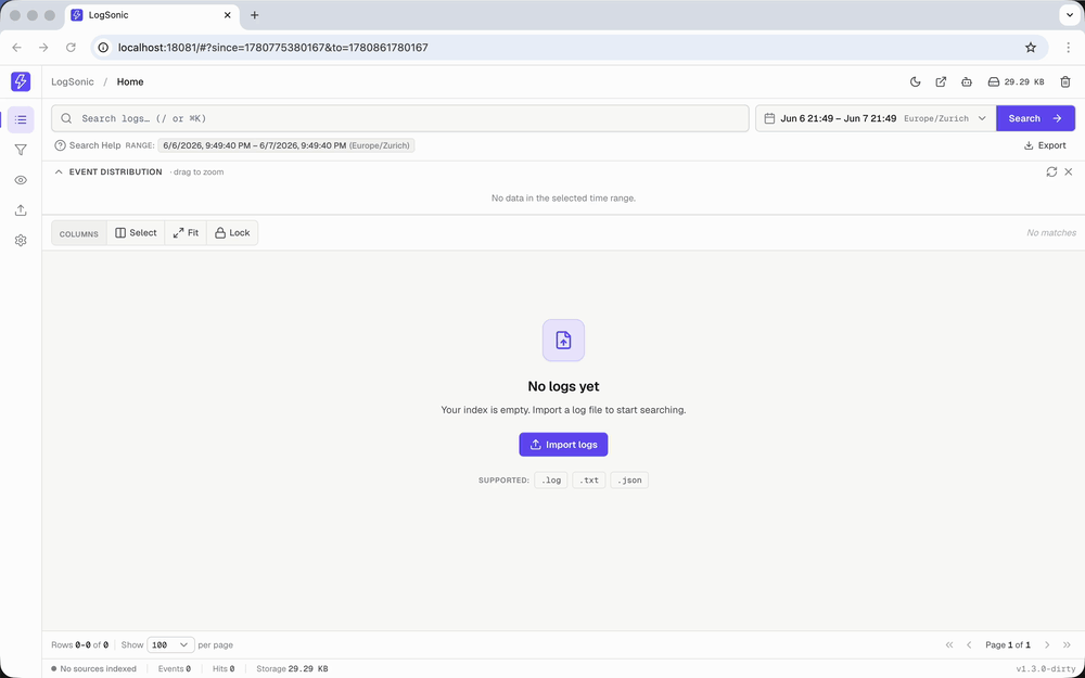 LogSonic demo: import logs, search them, then livestream rows with pause and resume