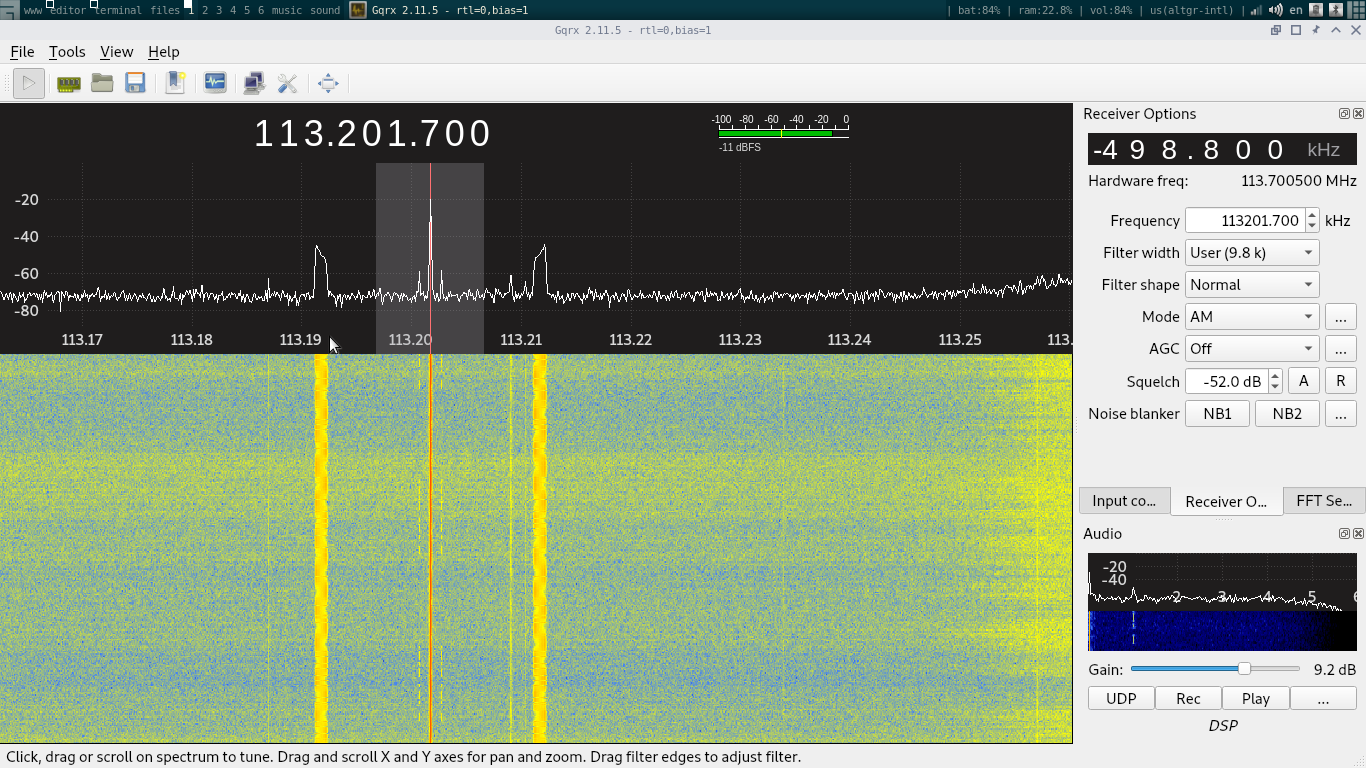 GQRX screenshot of VOR signal