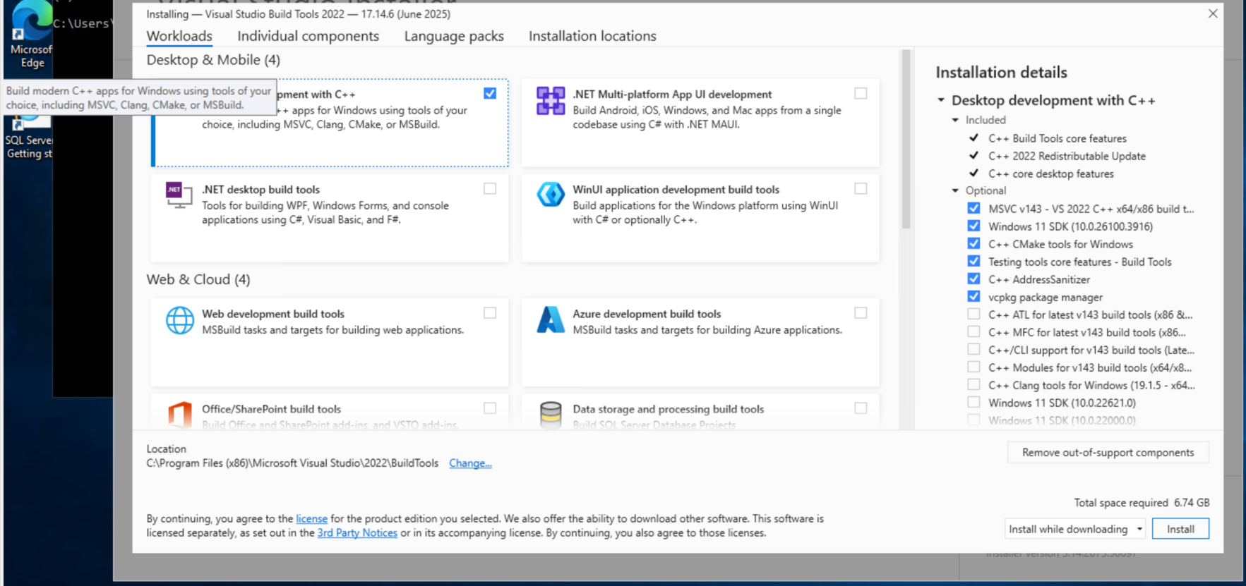 Visual C++ Build Tools installation screen