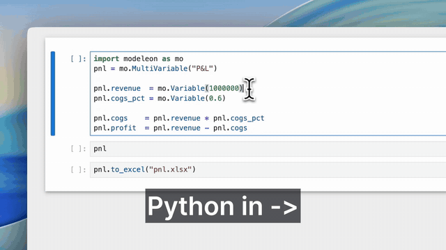 Modeleon demo — Python on the left, live Excel formulas on the right