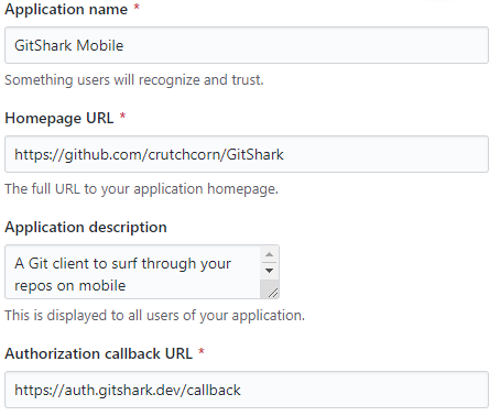 The GitShark OAuth app showing a callback of auth.gitshark.dev/callback