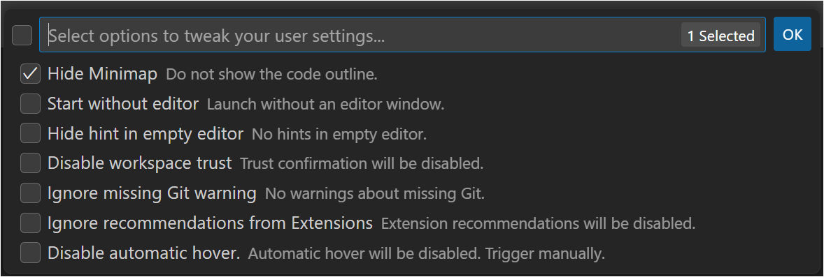 Screenshot showing checkboxes for tweaking user settings