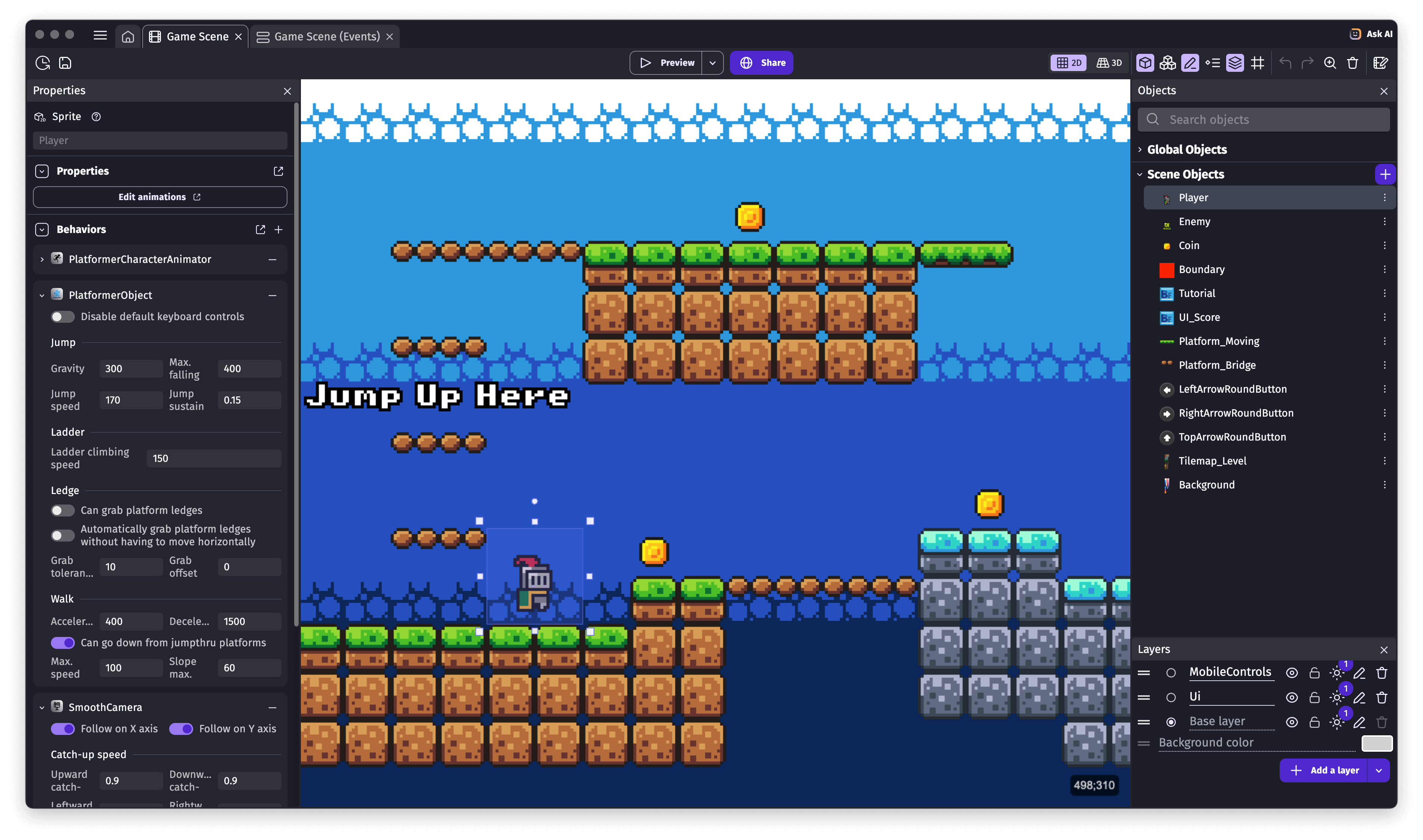The GDevelop editor when editing a game level