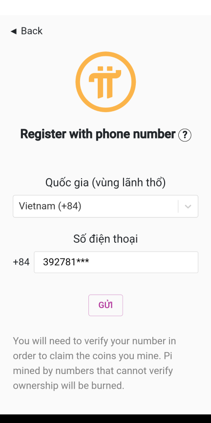 Khai báo số điện thoại Đăng ký Pi Network