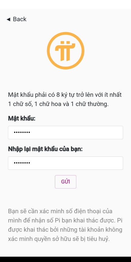Tạo mật khẩu Đăng ký Pi Network