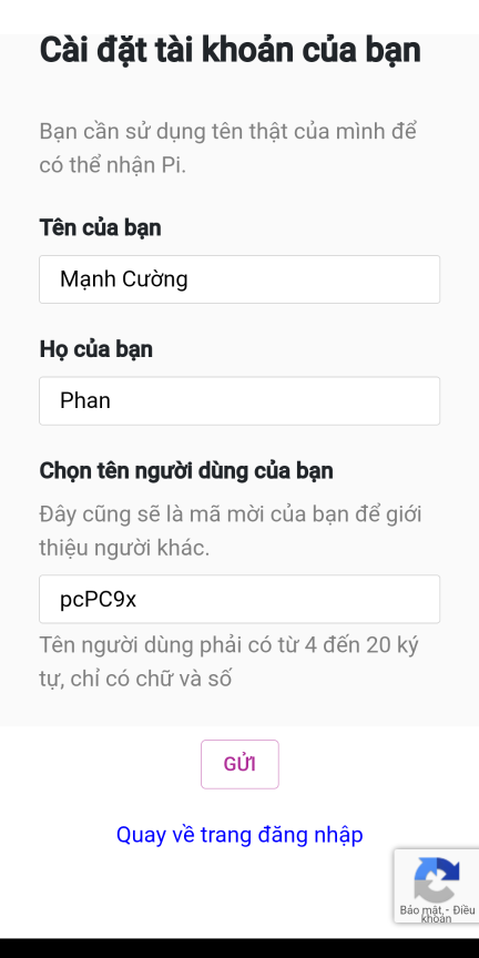 Nhập họ tên Đăng ký Pi Network